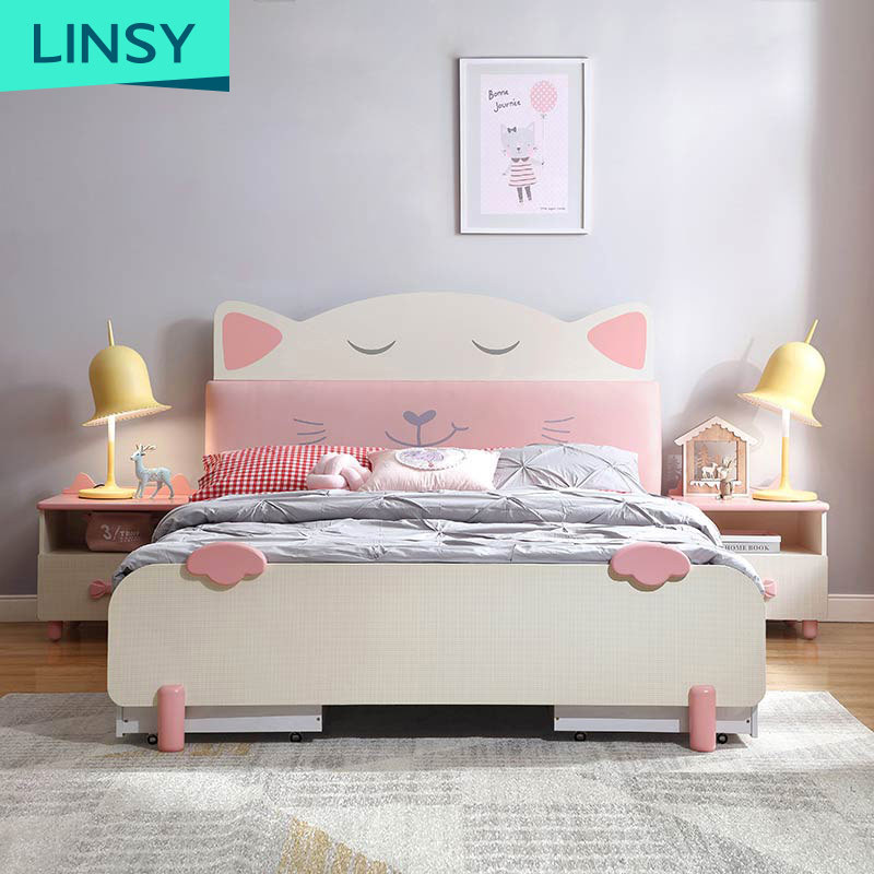 Linsy Modern Children Bedroom Furniture Soft Cat Bed Wooden Cat Queen Size Single Bed Frame For Girl Ea1A