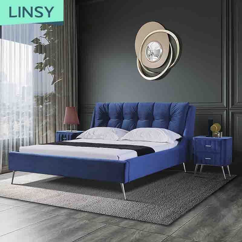 Linsy Wholesale Cama Nordic Modern Double King Size Blue Velvet Button Tufed Bed K318