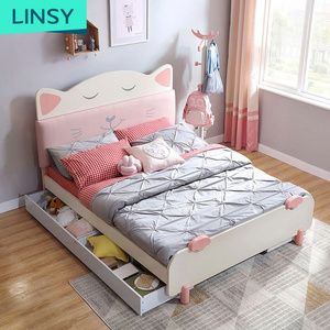 Linsy Modern Children Bedroom Furniture Soft Cat Bed Wooden Cat Queen Size Single Bed Frame For Girl Ea1A