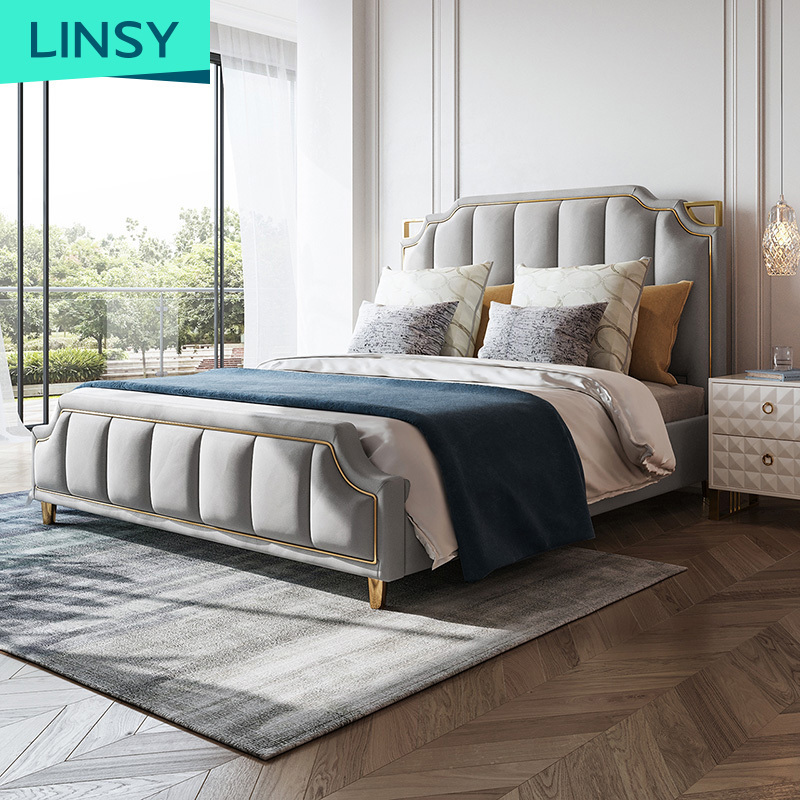 Linsy High Quality Luxury Fabric Double Bedroom Bed Set Nordic King Size Bed RAX3A