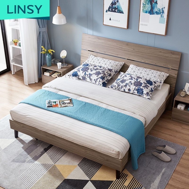 Linsy Simple Design Wooden Double Bed Slats King Size Bed Solid Wood Style Bed Luxury Cama De Casal DV1A