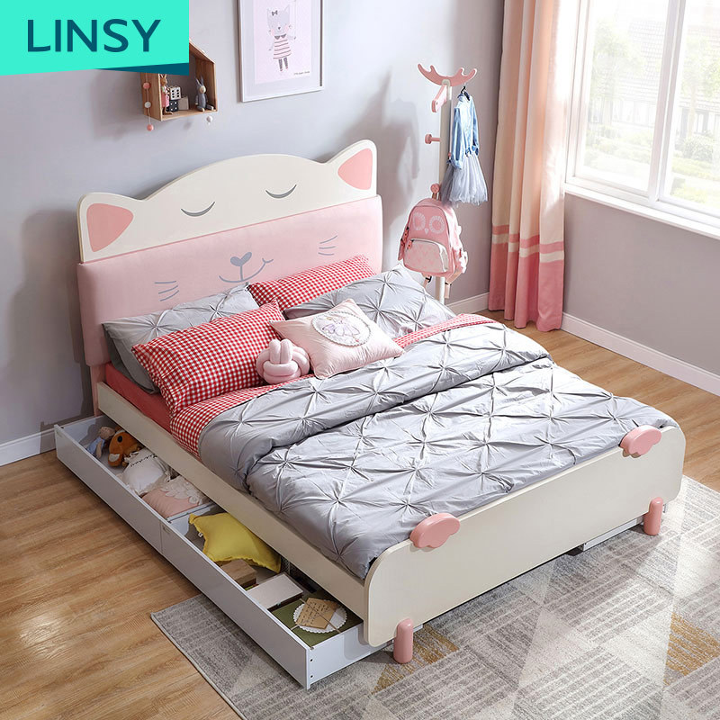 Linsy Modern Wooden Kids Beds Furniture Cute Pink Cat Children Bed For Kids Girls Ea1A