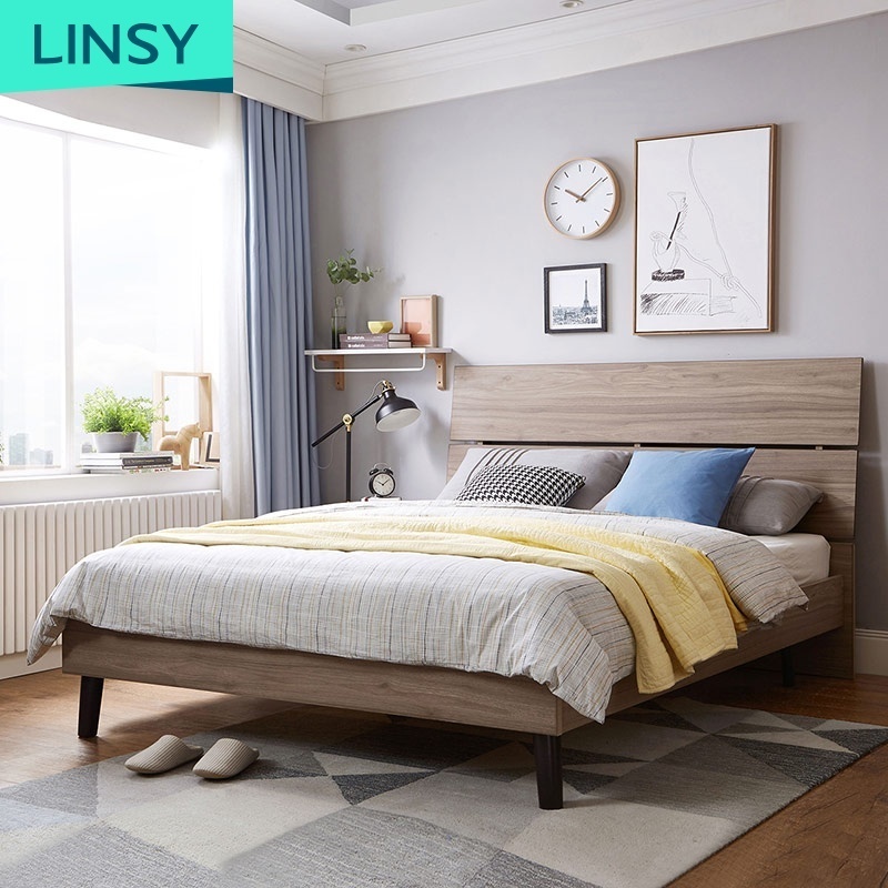 Linsy Simple Design Wooden Double Bed Slats King Size Bed Solid Wood Style Bed Luxury Cama De Casal DV1A