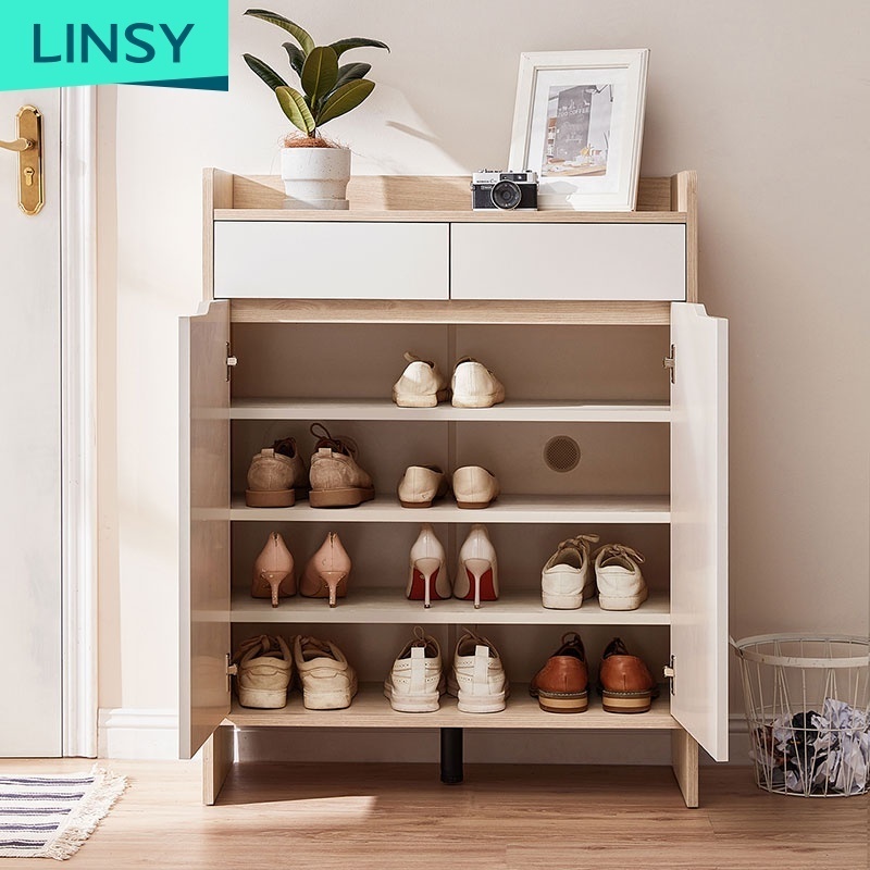 Linsy High Quality Modern Wooden Shoe Storage Cabinet Rotating Shoe Rack Box Designs Wood Furniture JF2N