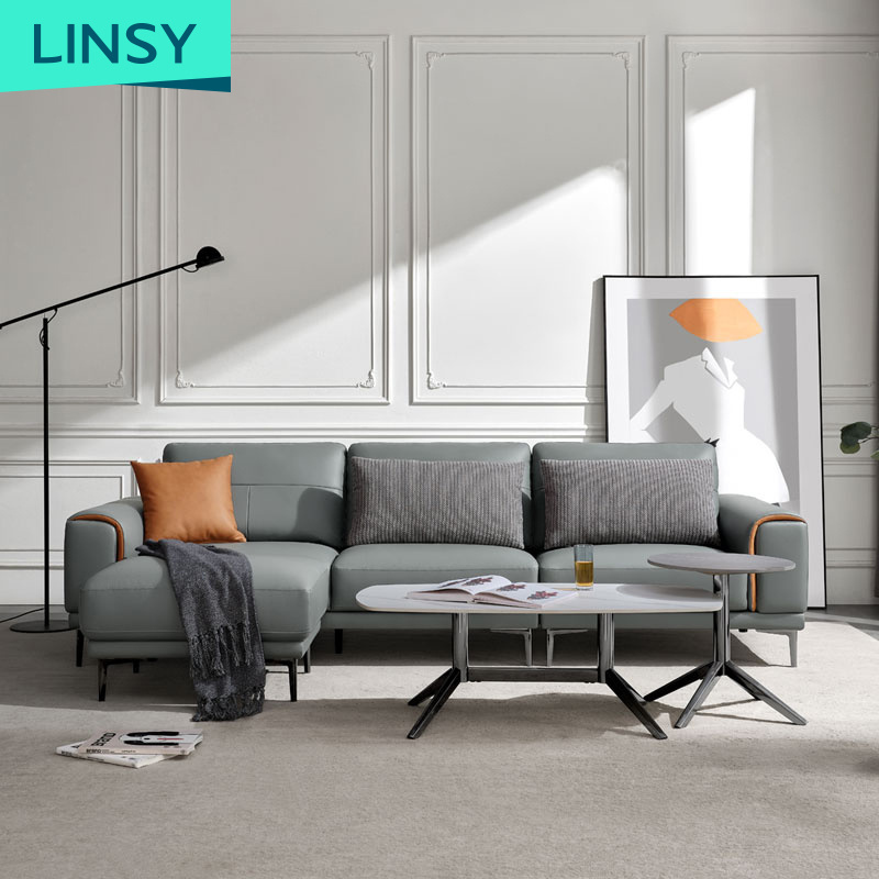 Linsy Nordic Luxury Modern Home Furniture Hardware Leg Leather Living Room Sofa Set With Chaise S178