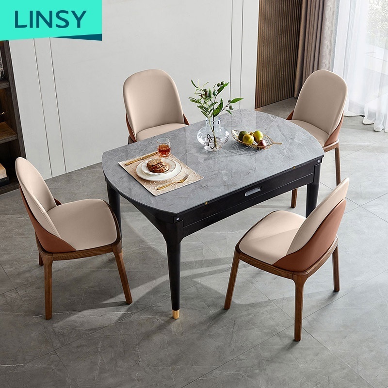 Linsy Popular Design Black Set 8 6 Seater Elegant Marble Dining Table LS058R6