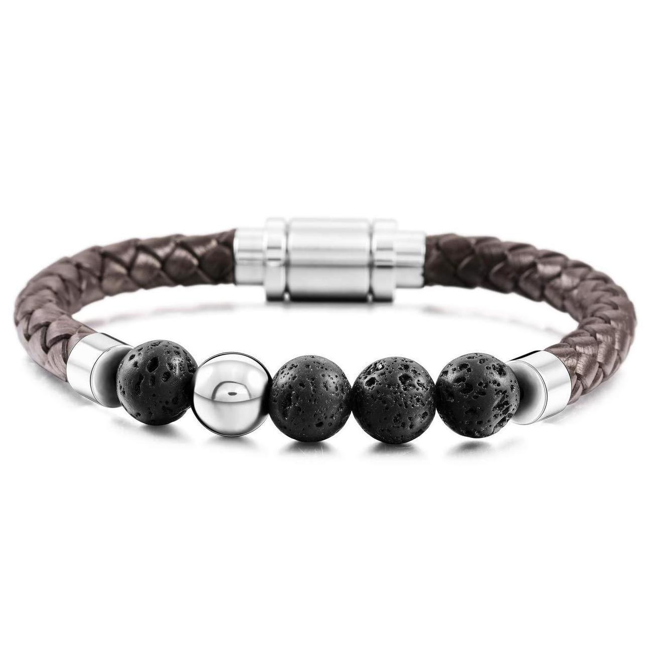 Hot Sale Tiger Eye Lava Men Natural Stone Magnetic Clasp Leather Bracelet