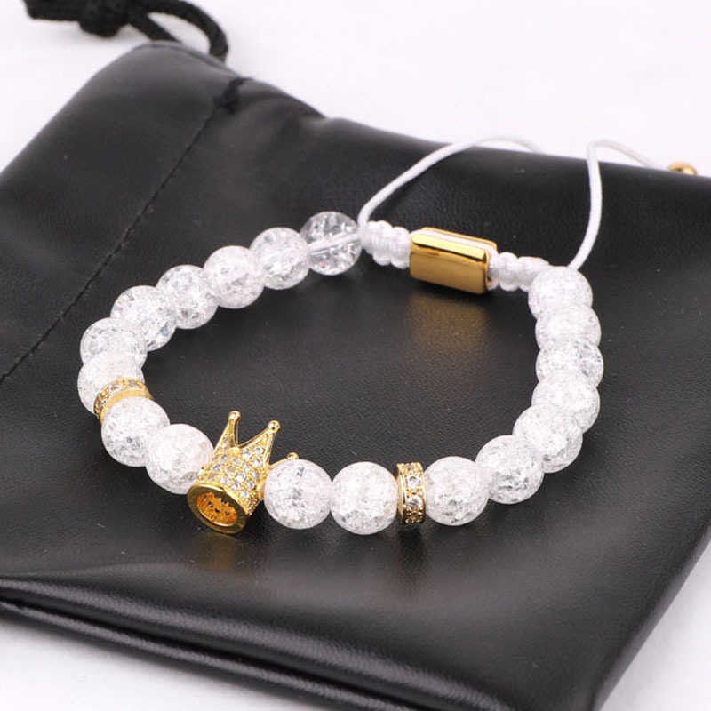 Hot Selling CZ Mirco Pave Crown Charm Crack Crystal Stone Beads Handmade Men Women Couples Macrame Bracelet