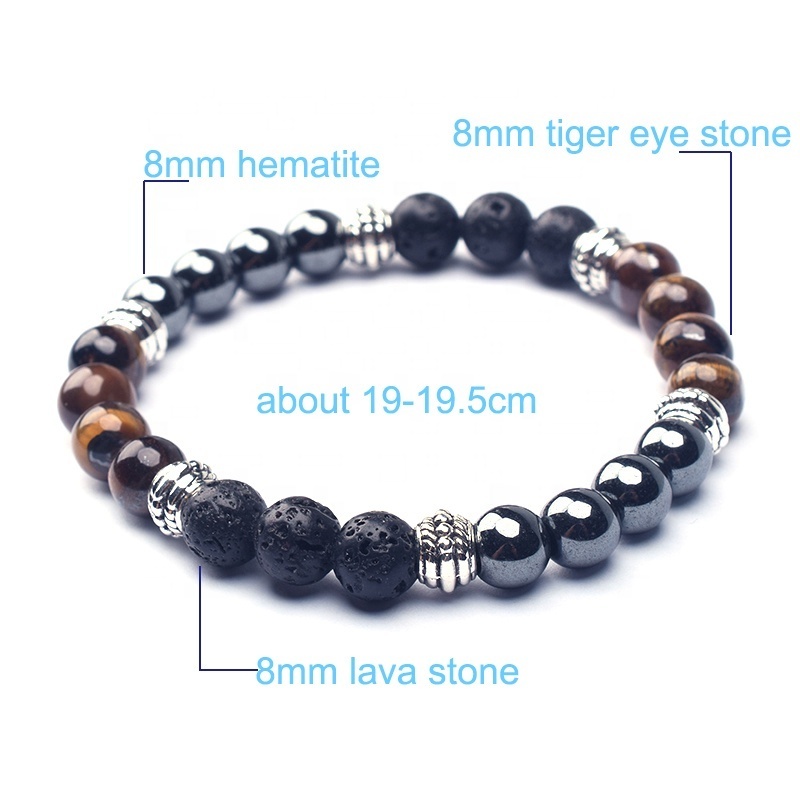 2021 Luxury Handmade Cool Natural Black Lava Stone Metal Silver Charm Bead Bracelet for Men