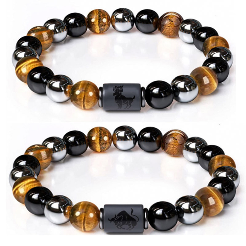 Gemstone Black Hematite Elastic Healing Tiger Eye Crystal Stone Triple 12 Zodiac Signs Constelation Stone Bead Bracelet