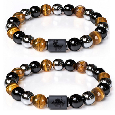 Gemstone Black Hematite Elastic Healing Tiger Eye Crystal Stone Triple 12 Zodiac Signs Constelation Stone Bead Bracelet