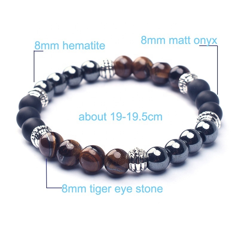 2021 Luxury Handmade Cool Natural Black Lava Stone Metal Silver Charm Bead Bracelet for Men