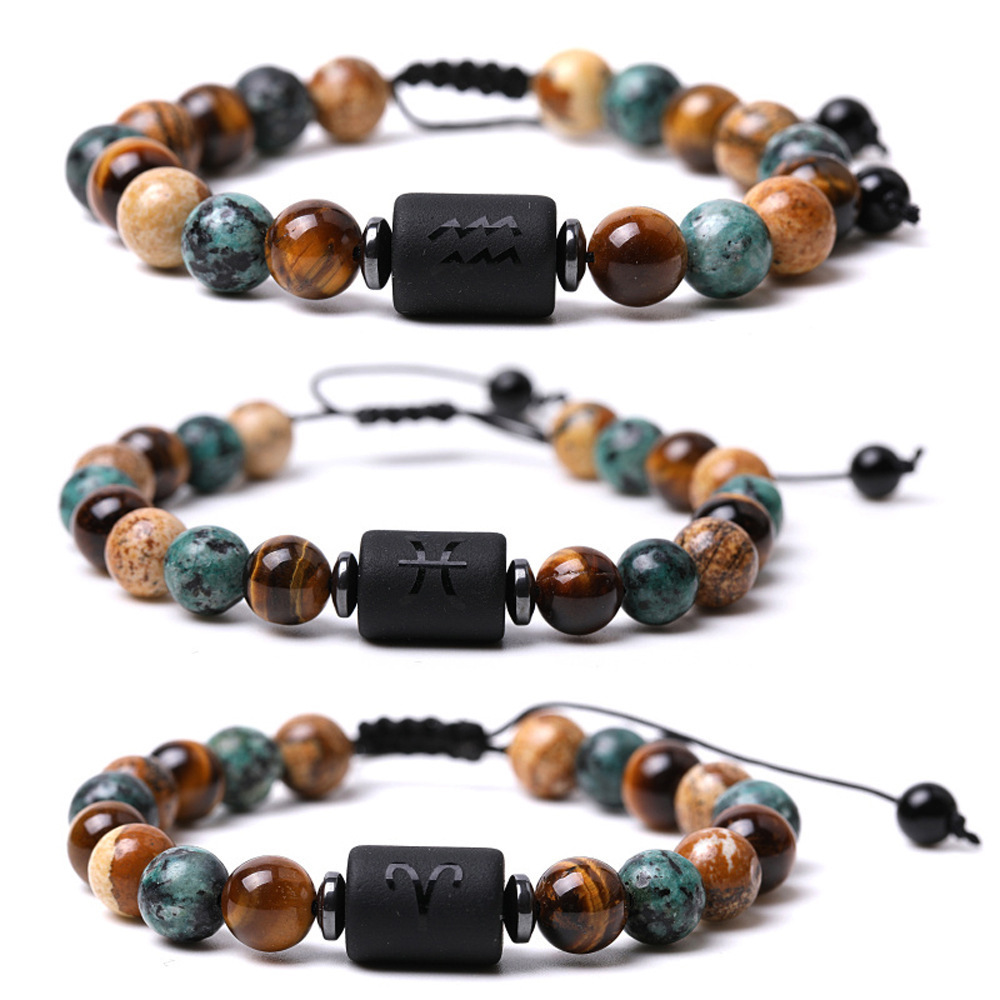 Natural Stone Jewellery 8mm Tiger Eye Stone Beads Elastic Lucky Gemstone 12 Constellations Bracelet for Men Women Birthday Gift