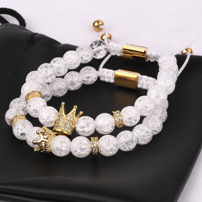 Hot Selling CZ Mirco Pave Crown Charm Crack Crystal Stone Beads Handmade Men Women Couples Macrame Bracelet