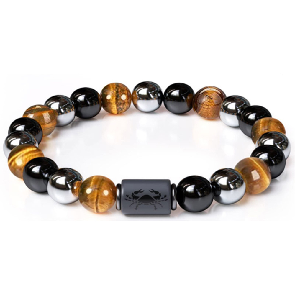 Gemstone Black Hematite Elastic Healing Tiger Eye Crystal Stone Triple 12 Zodiac Signs Constelation Stone Bead Bracelet