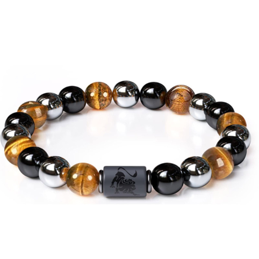 Gemstone Black Hematite Elastic Healing Tiger Eye Crystal Stone Triple 12 Zodiac Signs Constelation Stone Bead Bracelet