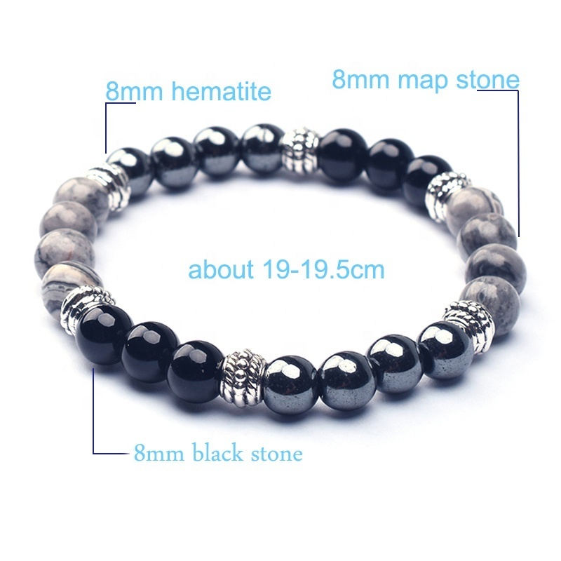 2021 Luxury Handmade Cool Natural Black Lava Stone Metal Silver Charm Bead Bracelet for Men