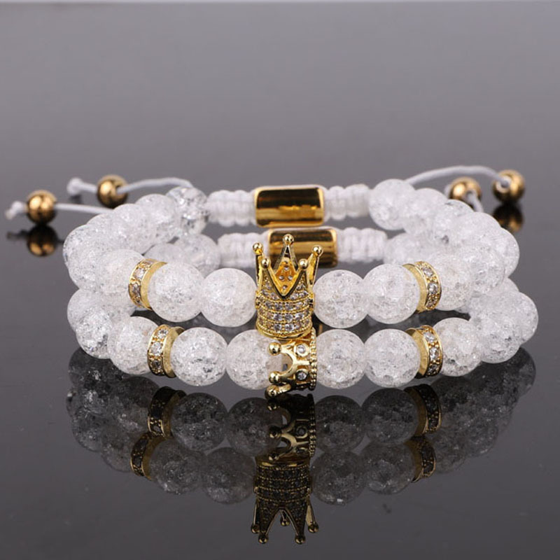 Hot Selling CZ Mirco Pave Crown Charm Crack Crystal Stone Beads Handmade Men Women Couples Macrame Bracelet