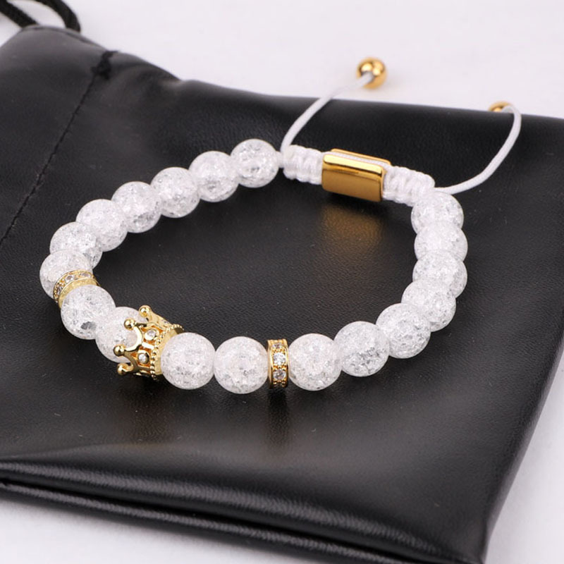 Hot Selling CZ Mirco Pave Crown Charm Crack Crystal Stone Beads Handmade Men Women Couples Macrame Bracelet