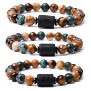 Natural Stone Jewellery 8mm Tiger Eye Stone Beads Elastic Lucky Gemstone 12 Constellations Bracelet for Men Women Birthday Gift