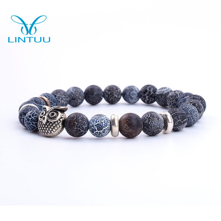 Stylish Owl Natural Stone Silver Bracelet Weathering Agate Bead Bracelet