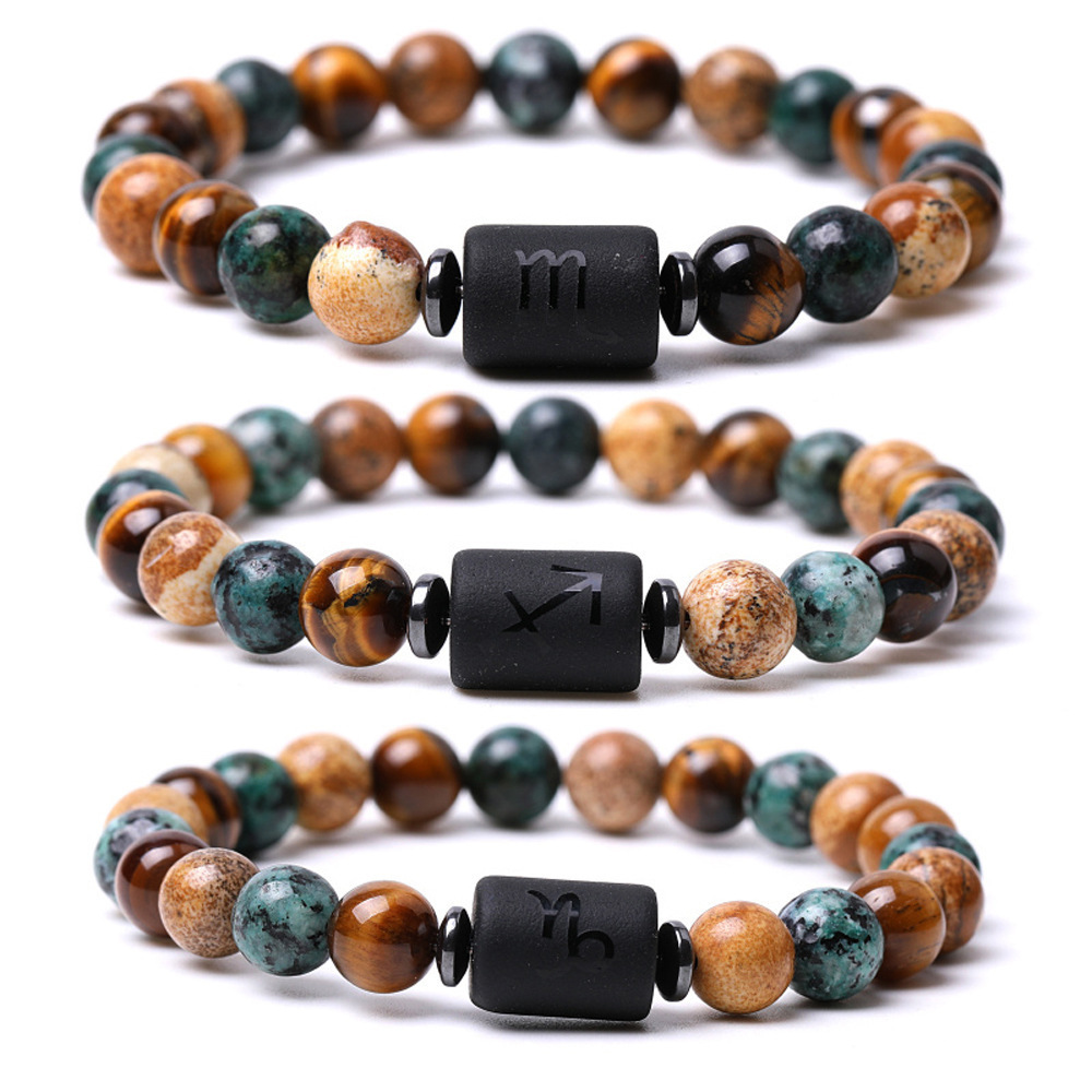 Natural Stone Jewellery 8mm Tiger Eye Stone Beads Elastic Lucky Gemstone 12 Constellations Bracelet for Men Women Birthday Gift