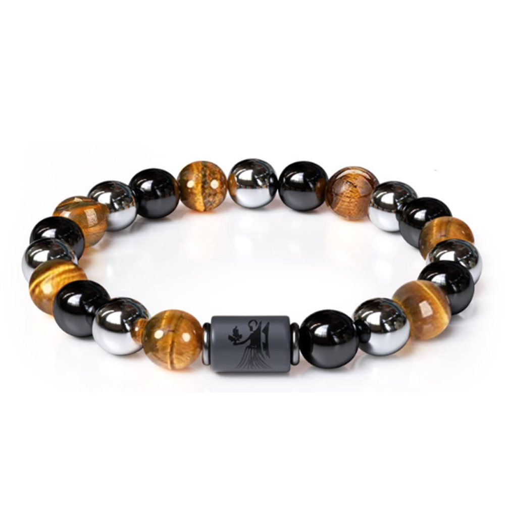 Gemstone Black Hematite Elastic Healing Tiger Eye Crystal Stone Triple 12 Zodiac Signs Constelation Stone Bead Bracelet