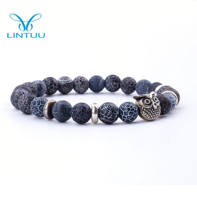 Stylish Owl Natural Stone Silver Bracelet Weathering Agate Bead Bracelet