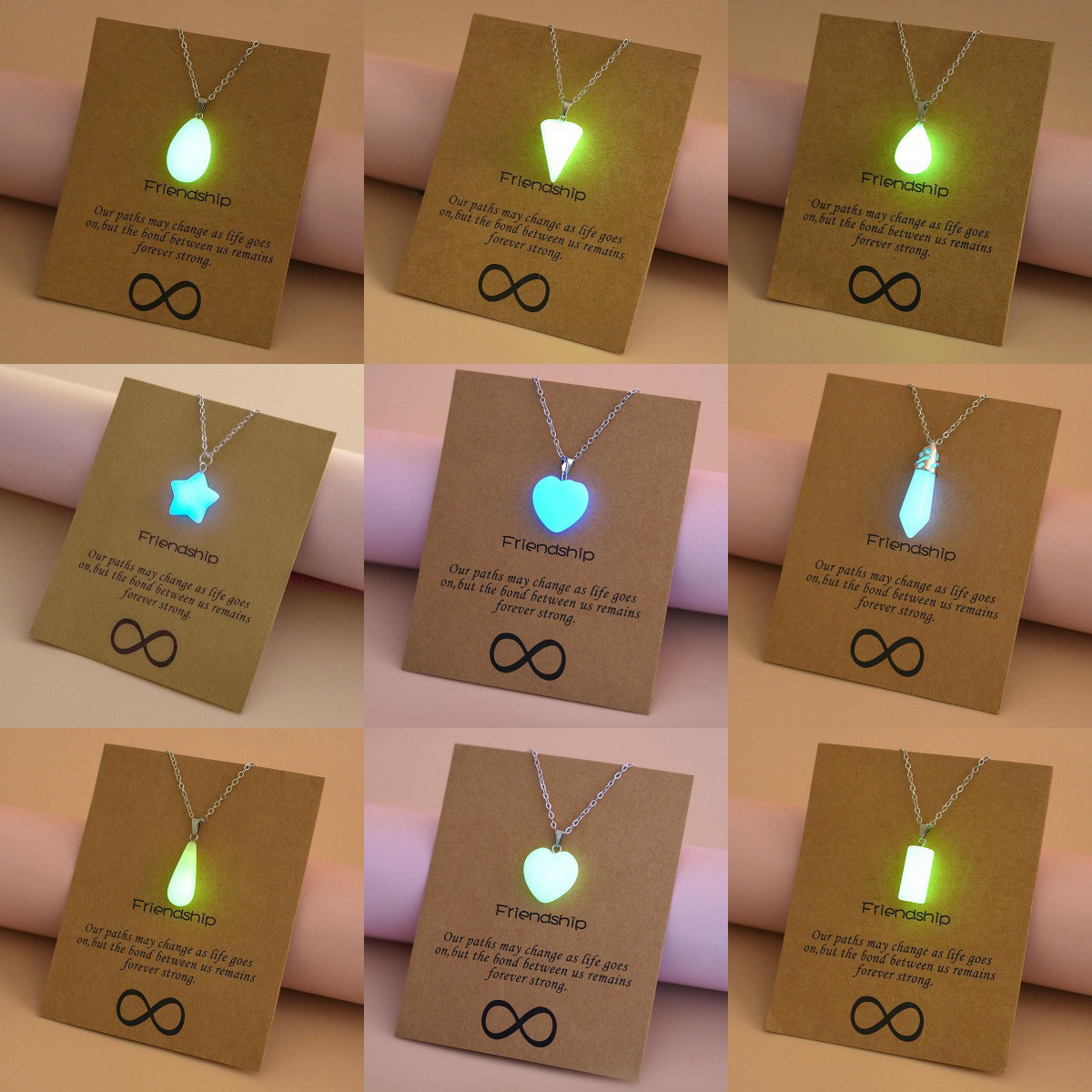 Glow in the Dark Charms Back To School Fashion Jewelry Brown Message Card Waterdrop Star Luminous Heart Pendant Necklace