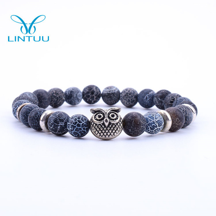 Stylish Owl Natural Stone Silver Bracelet Weathering Agate Bead Bracelet