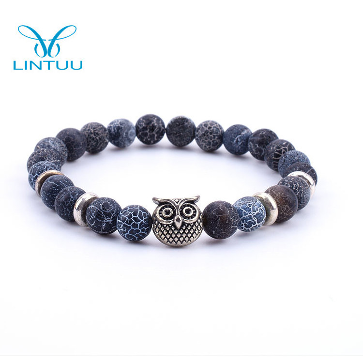 Stylish Owl Natural Stone Silver Bracelet Weathering Agate Bead Bracelet