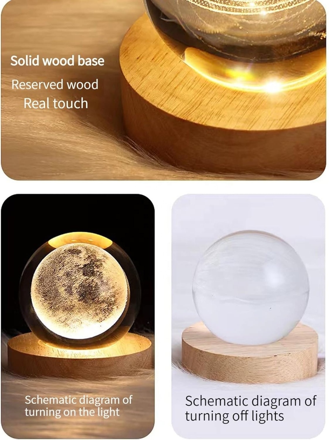 3D Laser Caving Crystal Ball Night Light Crystal Sphere Lamp Led Wood Base Crystal Ball Lamp for Gifts