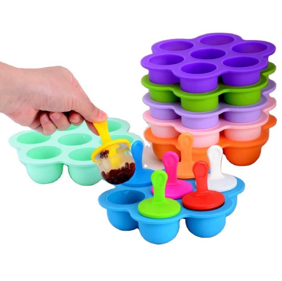 Wholesale Baby Food Storage Container Ice Cream Ball Maker With Lid Tools Silicone Popsicle Mold 7 Cavity DIY Ice Pop Molds