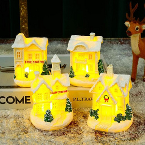 LED Christmas Ornaments Village Snow House Figurine Light Up Christmas Resin Mini Village Houses Desktop Table Decoration