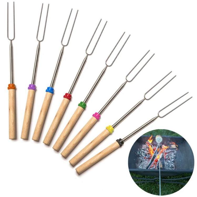 Customizable Sets Marshmallow Roasting Sticks Telescopic Smores Barbecue BBQ Stick Hot Dog Fork With Wooden Handle 31Inch