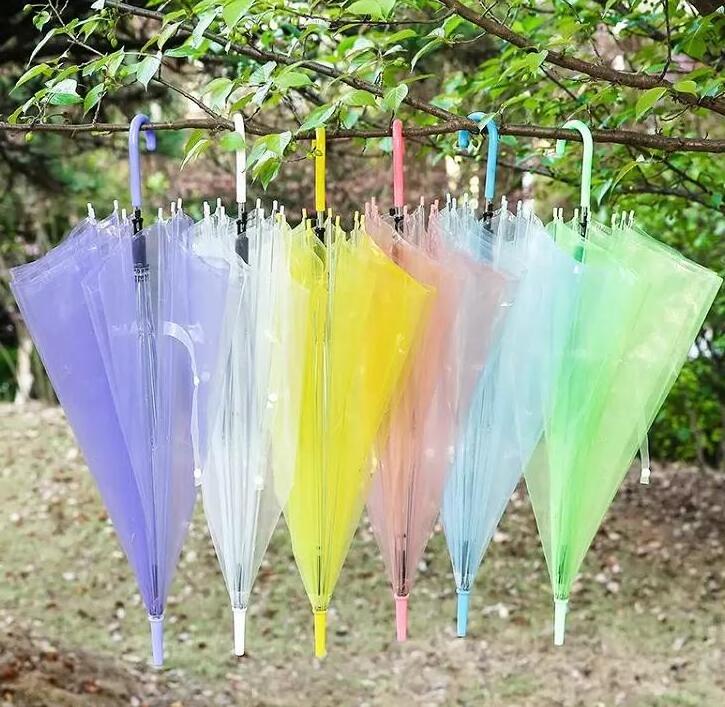 Transparent Umbrella Clear PVC Long Handle Candy Color Umbrellas For 8 bone Rain Cover Sun