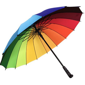 Customized Logo 16K Automatic Open Iridescence Umbrella Golf Windproof Parasol Long Straight Handle Rainbow Umbrella