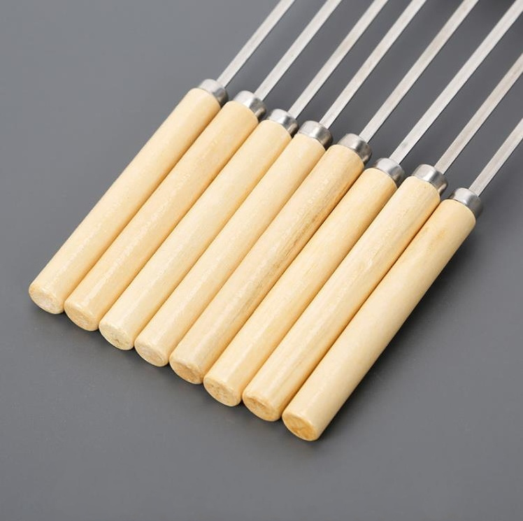 Wholesale 33CM Tige Brochettes Grilling Kebab Stick Reusable Stainless Steel BBQ Skewers Sticks Barbecue Rod With Wooden Handle