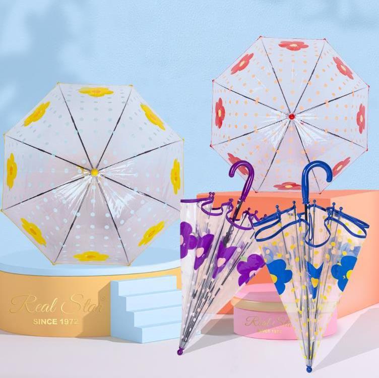 Children's Cartoon Transparent Parasol Dome Stick Umbrella Kids Cute Flower Bubble Clear Flower Rain Umbrellas