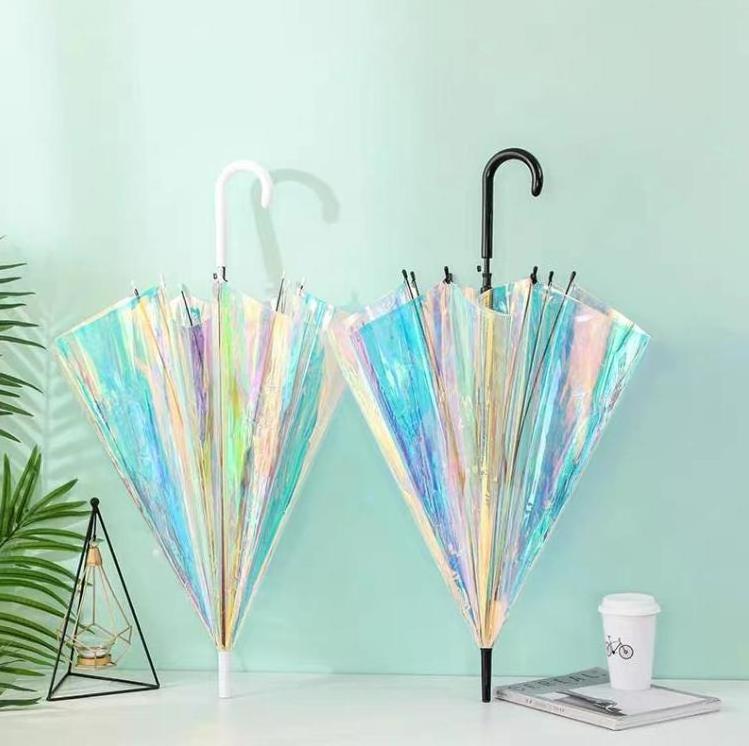 Dazzling Plastic PVC Holographic Umbrella Rainbow Fashion Rain Sunshade Laser Long Handle Clear Transparent Umbrellas