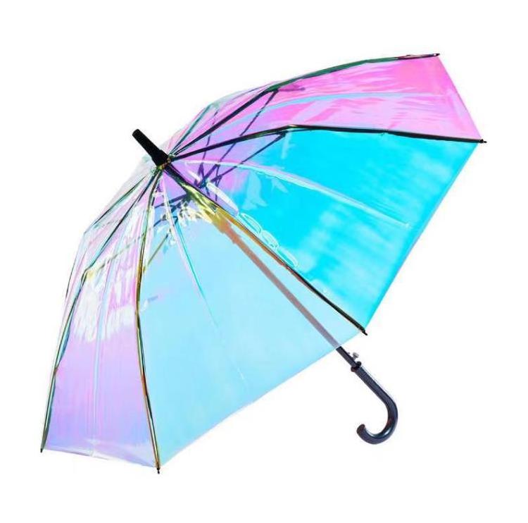 Dazzling Plastic PVC Holographic Umbrella Rainbow Fashion Rain Sunshade Laser Long Handle Clear Transparent Umbrellas