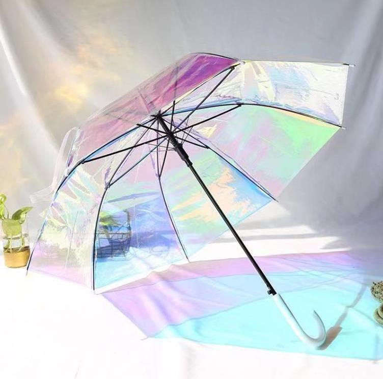 Dazzling Plastic PVC Holographic Umbrella Rainbow Fashion Rain Sunshade Laser Long Handle Clear Transparent Umbrellas