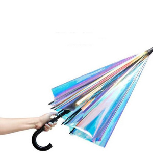 Dazzling Plastic PVC Holographic Umbrella Rainbow Fashion Rain Sunshade Laser Long Handle Clear Transparent Umbrellas