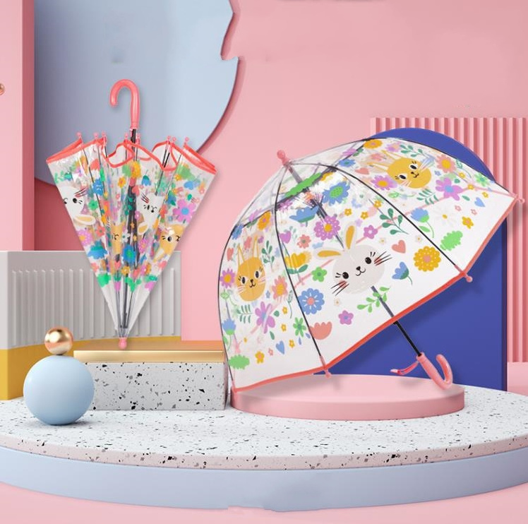 Lovely cat and rabbit floral child baby dome POE plastic clear kids Umbrella cartoon children PVC transparent umbrellas