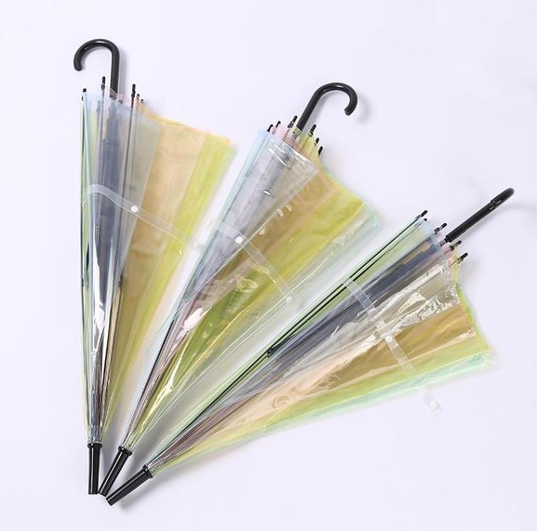 Children Straight Handle Customized Logo Cheap Clear Umbrella Rainy Stick Colorful Transparent PVC Rainbow Umbrellas