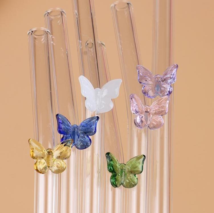 Reusable Borosilicate Butterfly Mushroom Glass Drinking Straws High temperature resistance Clear Colored Bent Cocktail Straw