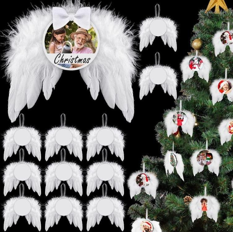 Christmas White Angel Wings Ornament Hanging Feather Hanging Decor with Sublimation Blank MDF Pendants for Christmas Tree