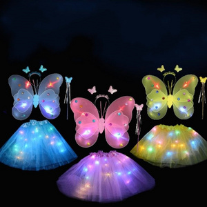 LED Glowing Butterfly Wings Girl Back Decoration Children Flashing Toys Wonderful Magic Wand Flower Fairy Set For Birthday Party