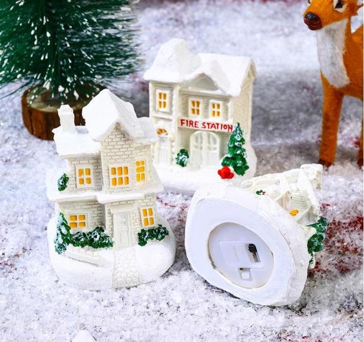 LED Christmas Ornaments Village Snow House Figurine Light Up Christmas Resin Mini Village Houses Desktop Table Decoration