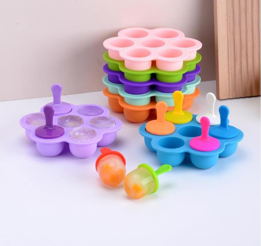 Wholesale Baby Food Storage Container Ice Cream Ball Maker With Lid Tools Silicone Popsicle Mold 7 Cavity DIY Ice Pop Molds